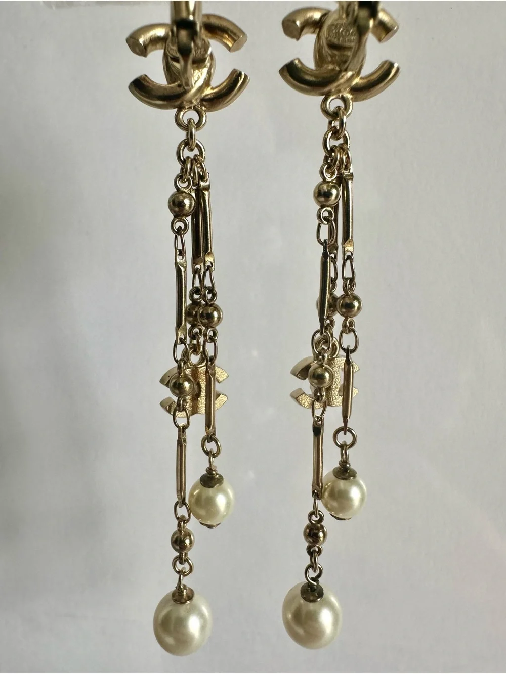 CHANEL 11C Enamel Crystal CC Pearl Chandelier Drop Earrings Rare